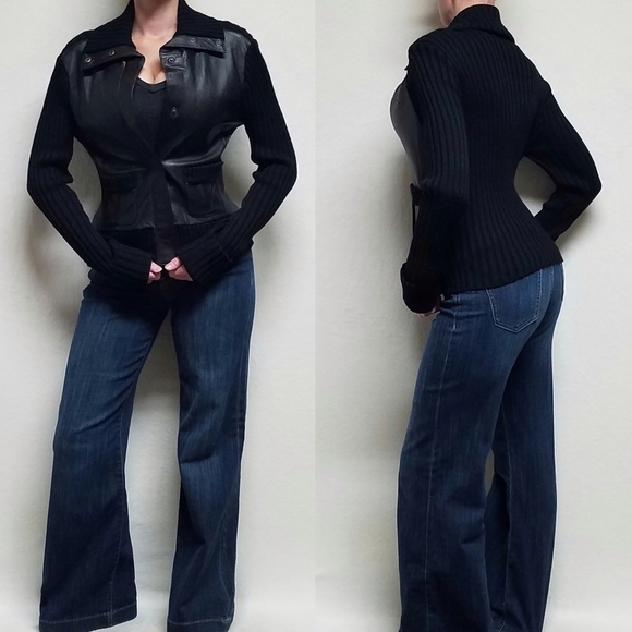 VINTAGE Y2K BCBGMaxAzria Black Chocolate Brown Leather Wool Sweater Jacket Large - Picture 1 of 15